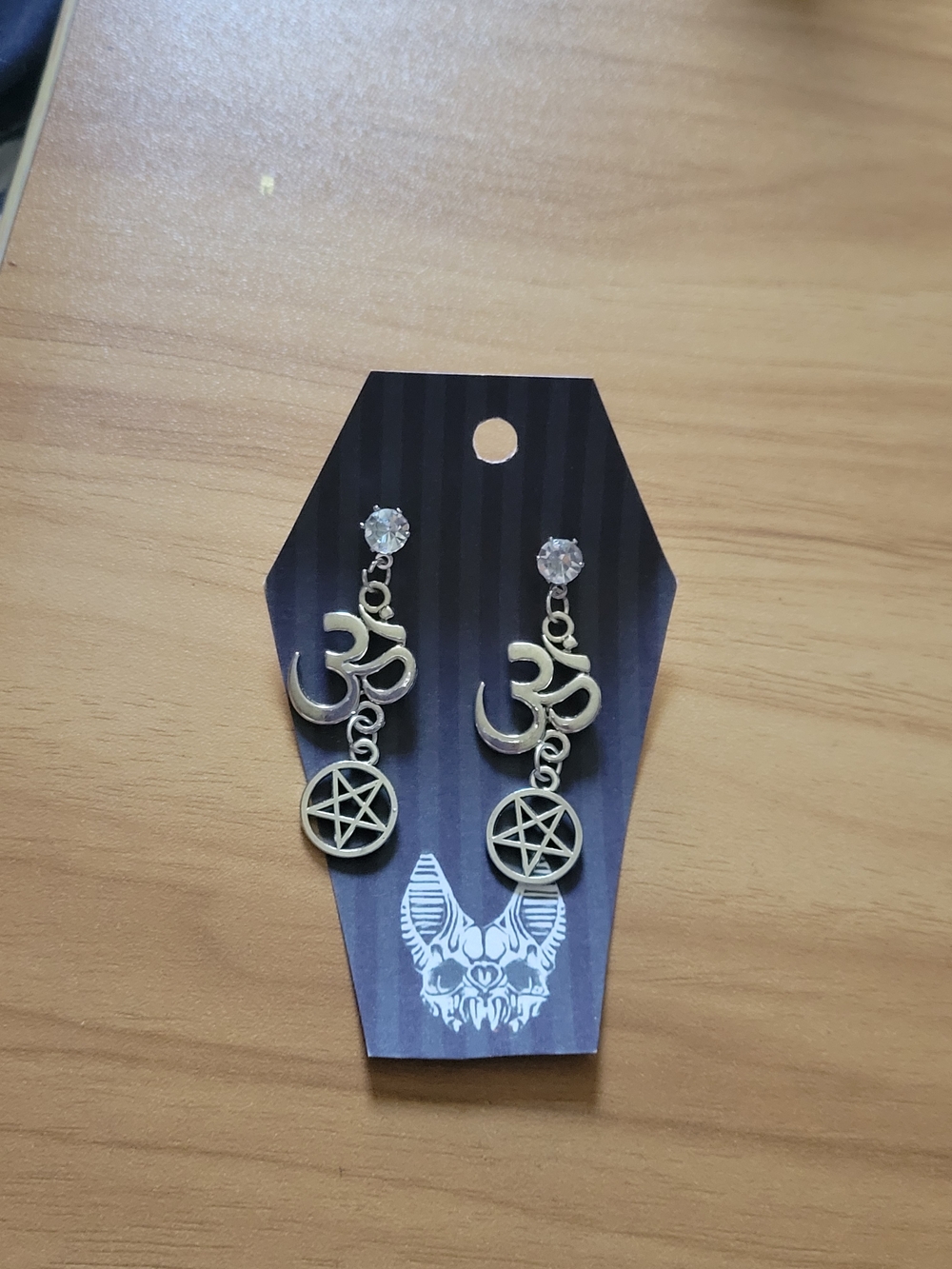 💀NEW💀 Hand Crafted Om and Pentagram Dangle Earrings with Clear Crystal Studs